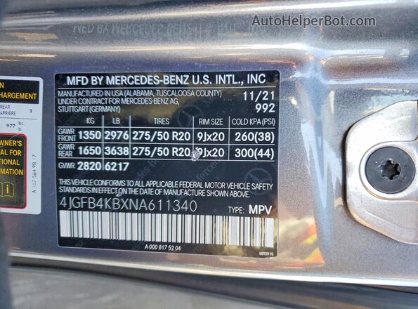 4JGFB4KBXNA611340 2022 MERCEDES-BENZ GLE Gray 