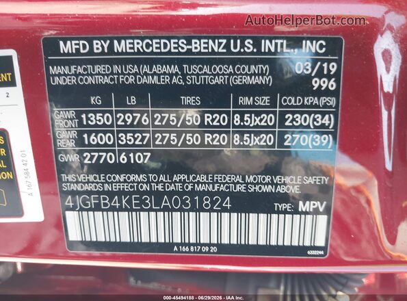 4JGFB4KE3LA031824 2020 MERCEDES-BENZ GLE 350 Red ძრავის განყოფილების ხედი