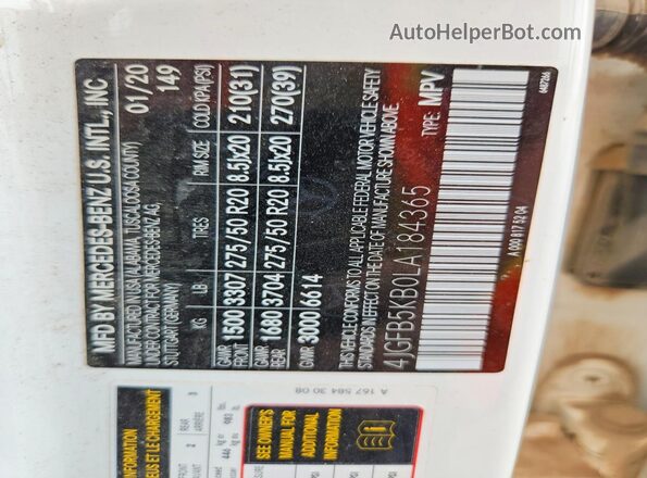 4JGFB5KB0LA184365 2020 MERCEDES-BENZ GLE White Widok naklejki z numerem VIN