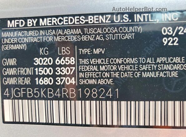4JGFB5KB4RB198241 2024 MERCEDES-BENZ GLE Silver Вид наклейки з VIN-кодом