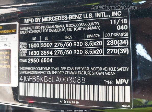 4JGFB5KB6LA003088 2020 MERCEDES-BENZ GLE 450 Black Շարժիչի բաժամունքի տեսք