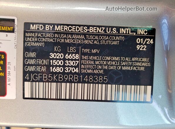4JGFB5KB9RB148385 2024 MERCEDES-BENZ GLE Silver Vista de la etiqueta del VIN