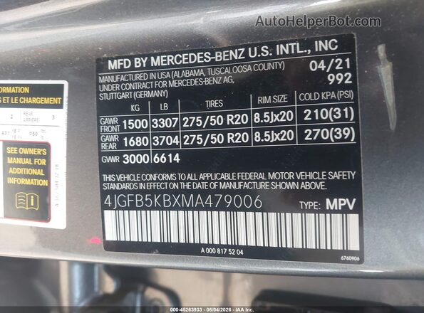 4JGFB5KBXMA479006 2021 MERCEDES-BENZ GLE 450 Gray Շարժիչի բաժամունքի տեսք