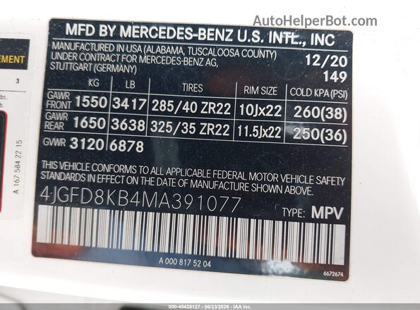 4JGFD8KB4MA391077 2021 MERCEDES-BENZ AMG GLE 63 COUPE White Շարժիչի բաժամունքի տեսք