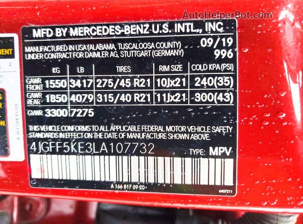 4JGFF5KE3LA107732 2020 MERCEDES-BENZ GLS Red VIN կոդի պիտակի տեսք