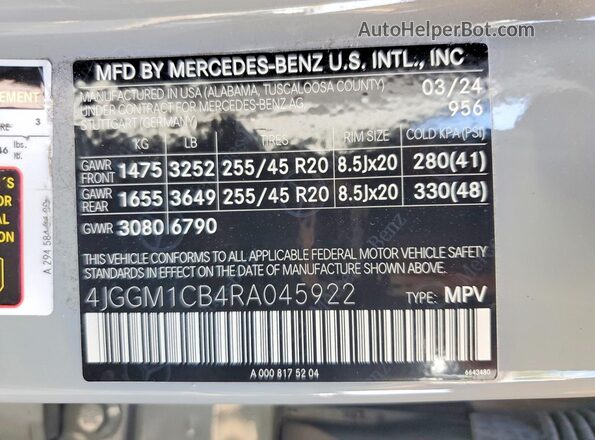 4JGGM1CB4RA045922 2024 MERCEDES-BENZ EQE Gray VIN კოდის სტიკერის ხედი