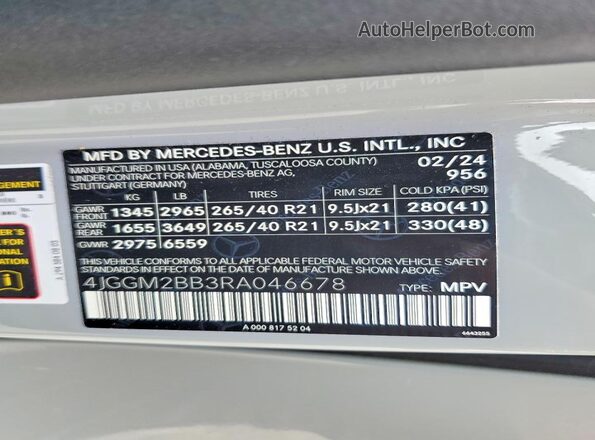 4JGGM2BB3RA046678 2024 MERCEDES-BENZ EQE Gray Widok naklejki z numerem VIN