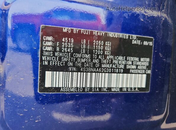 4S3BNAA62G3011819 2016 SUBARU LEGACY Blue 