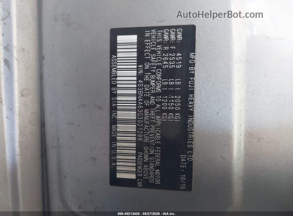 4S3BNAA63G3021288 2016 SUBARU LEGACY Gray Вид наклейки з VIN-кодом