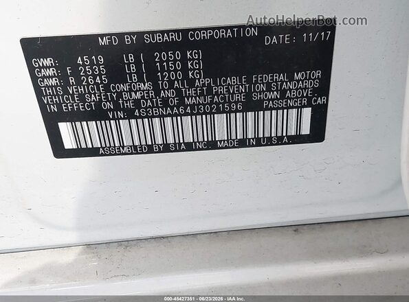 4S3BNAA64J3021596 2018 SUBARU LEGACY White ძრავის განყოფილების ხედი