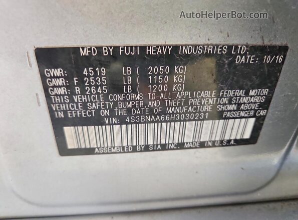 4S3BNAA66H3030231 2017 SUBARU LEGACY Silver Engine compartment view