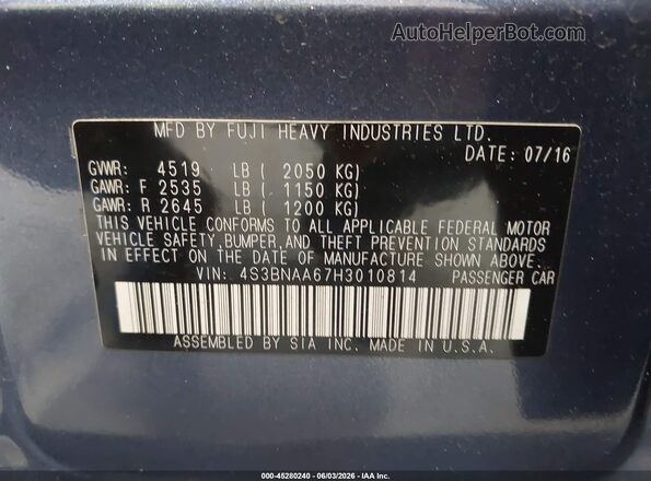 4S3BNAA67H3010814 2017 SUBARU LEGACY Blue Вид підкапотного простору