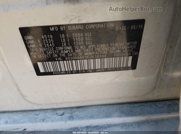4S3BNAB60K3036998 2019 SUBARU LEGACY White Vista del compartimento del motor