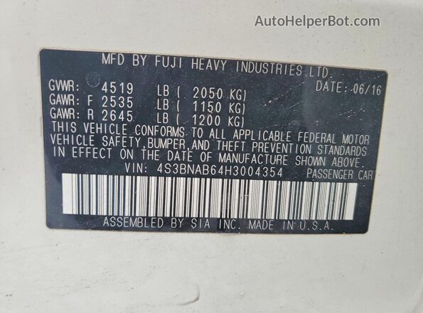 4S3BNAB64H3004354 2017 SUBARU LEGACY White Widok naklejki z numerem VIN
