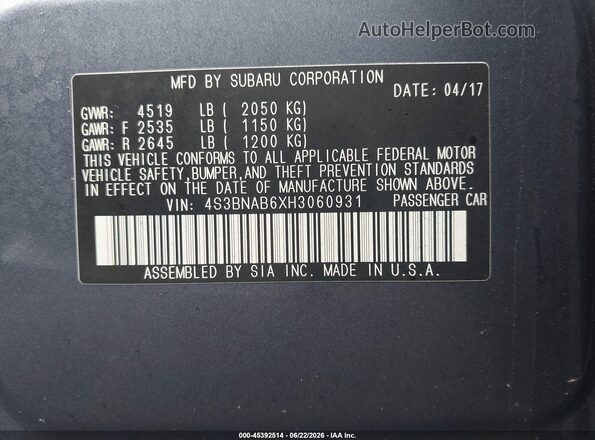 4S3BNAB6XH3060931 2017 SUBARU LEGACY Blue Vista del compartimento del motor