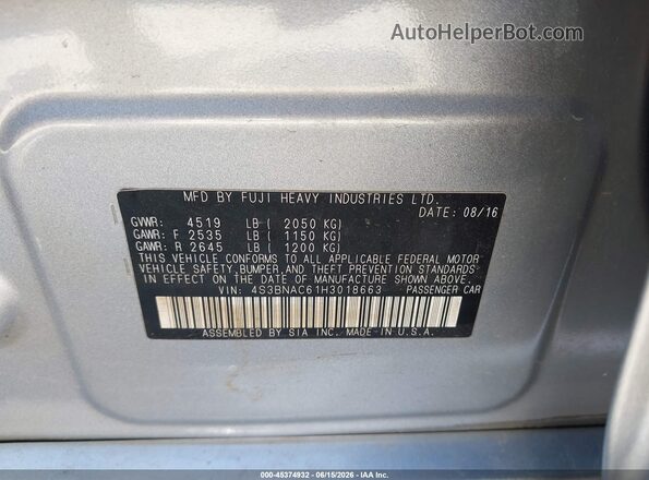 4S3BNAC61H3018663 2017 SUBARU LEGACY Silver ძრავის განყოფილების ხედი