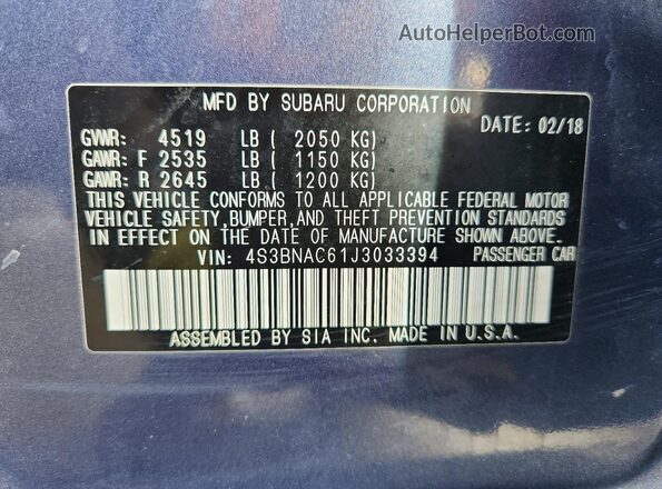 4S3BNAC61J3033394 2018 SUBARU LEGACY Blue 