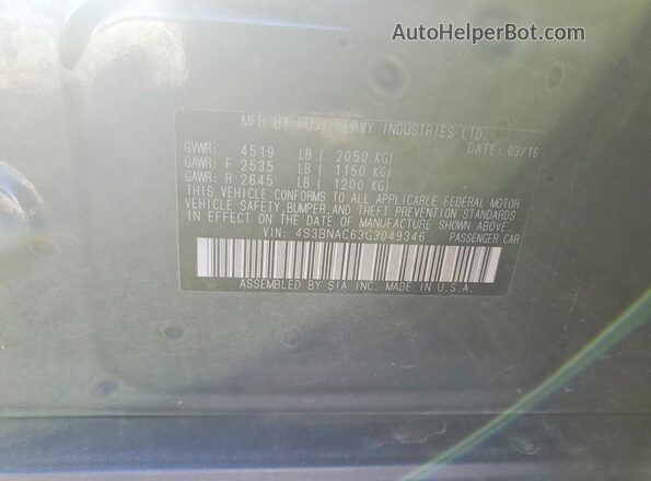 4S3BNAC63G3049346 2016 SUBARU LEGACY Угольный Вид наклейки с VIN-кодом