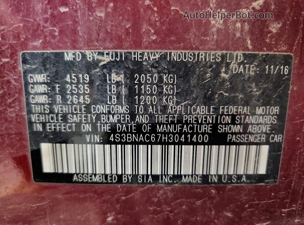 4S3BNAC67H3041400 2017 SUBARU LEGACY Red 