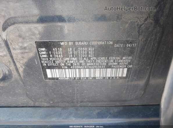 4S3BNAC67H3063445 2017 SUBARU LEGACY Gray Vista del compartimento del motor