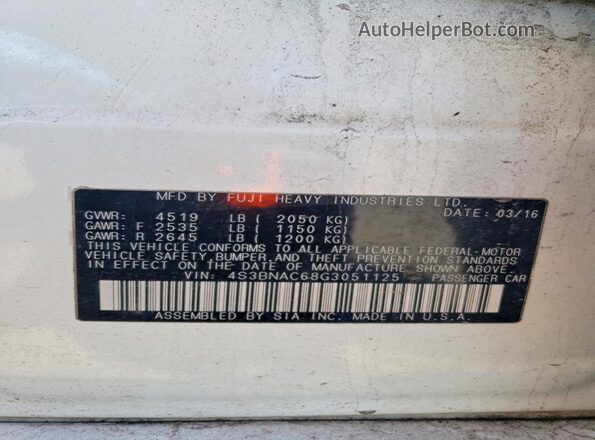 4S3BNAC68G3051125 2016 SUBARU LEGACY White VIN sticker view