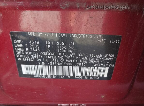 4S3BNAC68H3033810 2017 SUBARU LEGACY Red Engine compartment view