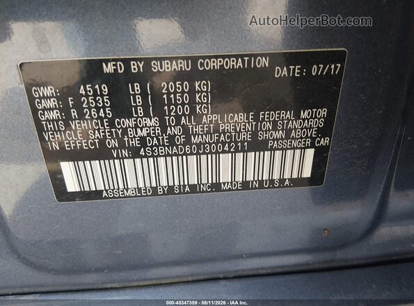 4S3BNAD60J3004211 2018 SUBARU LEGACY Blue Շարժիչի բաժամունքի տեսք