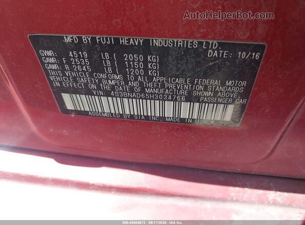 4S3BNAD65H3034766 2017 SUBARU LEGACY Red 