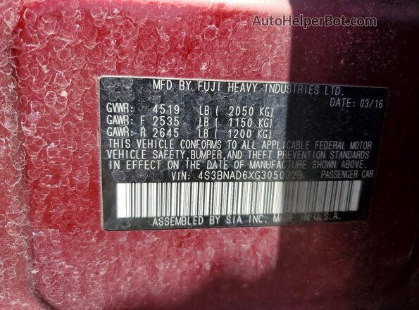 4S3BNAD6XG3050329 2016 SUBARU LEGACY Red Вид підкапотного простору