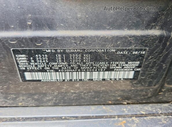 4S3BNAF61K3004197 2019 SUBARU LEGACY Gray VIN კოდის სტიკერის ხედი