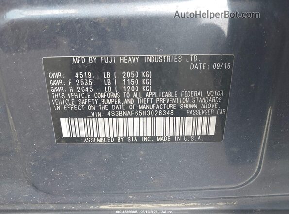 4S3BNAF65H3028348 2017 SUBARU LEGACY Blue Vista del compartimento del motor