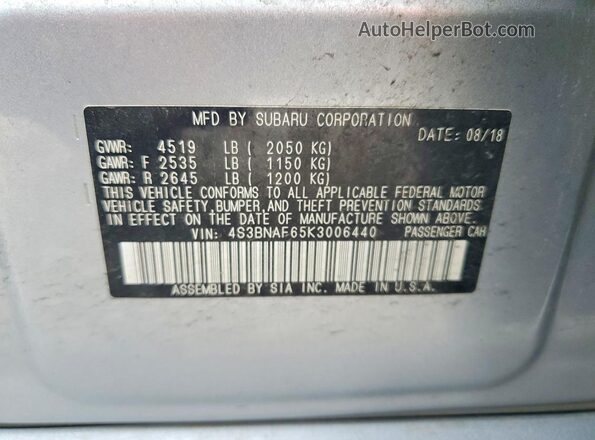 4S3BNAF65K3006440 2019 SUBARU LEGACY Silver 
