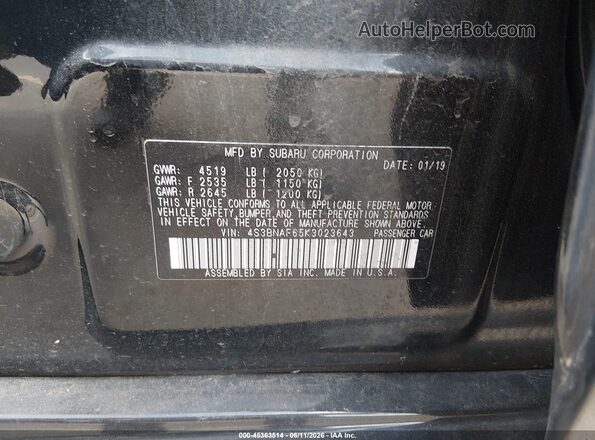 4S3BNAF65K3023643 2019 SUBARU LEGACY Black ძრავის განყოფილების ხედი
