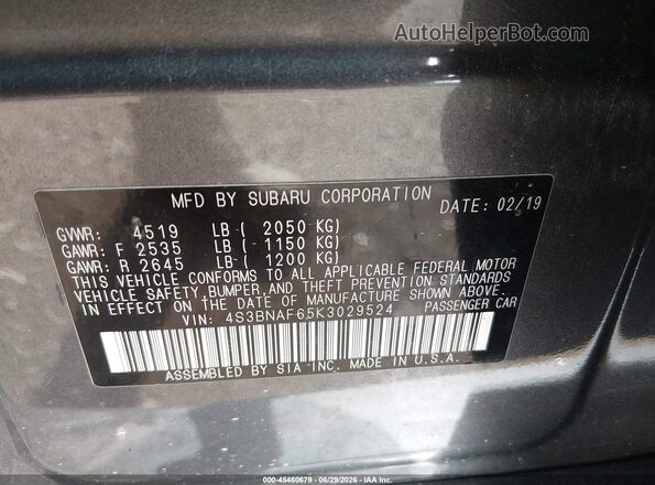 4S3BNAF65K3029524 2019 SUBARU LEGACY Silver Vista del compartimento del motor