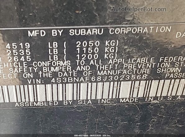 4S3BNAF68J3023568 2018 SUBARU LEGACY Black Widok komory silnika