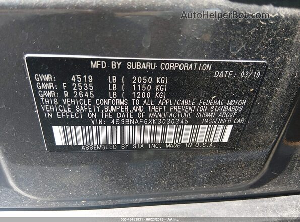 4S3BNAF6XK3030345 2019 SUBARU LEGACY Gray Widok komory silnika