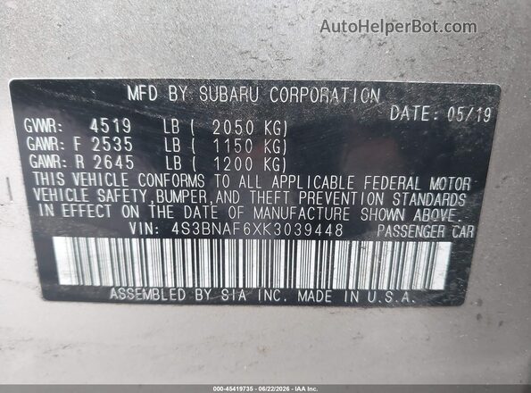 4S3BNAF6XK3039448 2019 SUBARU LEGACY Beige Widok komory silnika