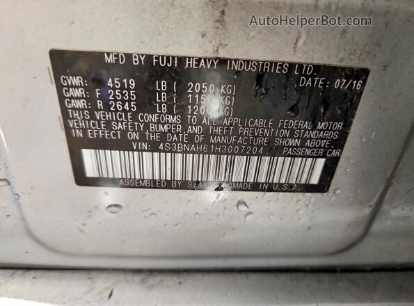 4S3BNAH61H3007204 2017 SUBARU LEGACY Silver VIN კოდის სტიკერის ხედი