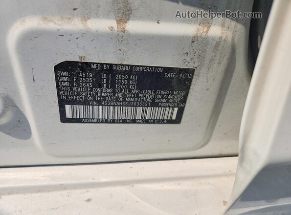 4S3BNAH66J3036591 2018 SUBARU LEGACY White VIN կոդի պիտակի տեսք