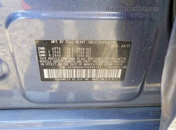 4S3BNAH67H3059162 2017 SUBARU LEGACY Blue 