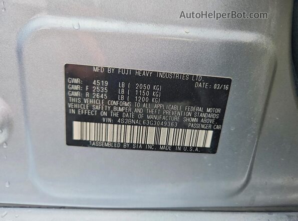 4S3BNAL63G3049363 2016 SUBARU LEGACY Silver ძრავის განყოფილების ხედი