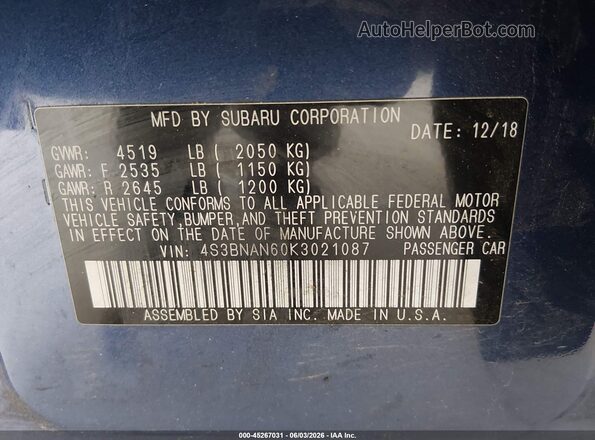 4S3BNAN60K3021087 2019 SUBARU LEGACY Blue Շարժիչի բաժամունքի տեսք