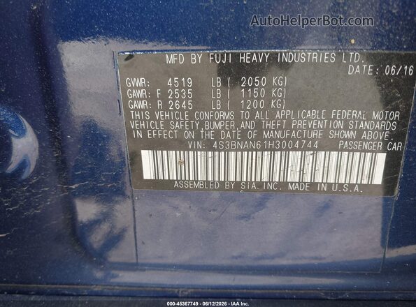 4S3BNAN61H3004744 2017 SUBARU LEGACY Blue ძრავის განყოფილების ხედი