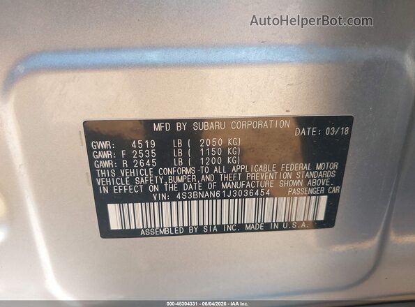 4S3BNAN61J3036454 2018 SUBARU LEGACY Silver ძრავის განყოფილების ხედი