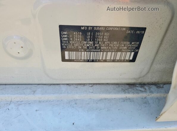 4S3BNAN61K3003083 2019 SUBARU LEGACY White 