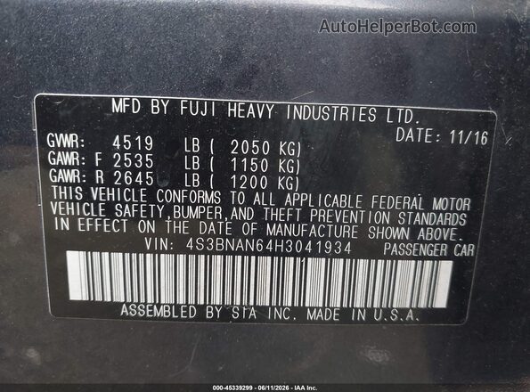 4S3BNAN64H3041934 2017 SUBARU LEGACY Gray 