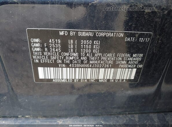 4S3BNAN64J3027361 2018 SUBARU LEGACY Dark Blue Widok komory silnika