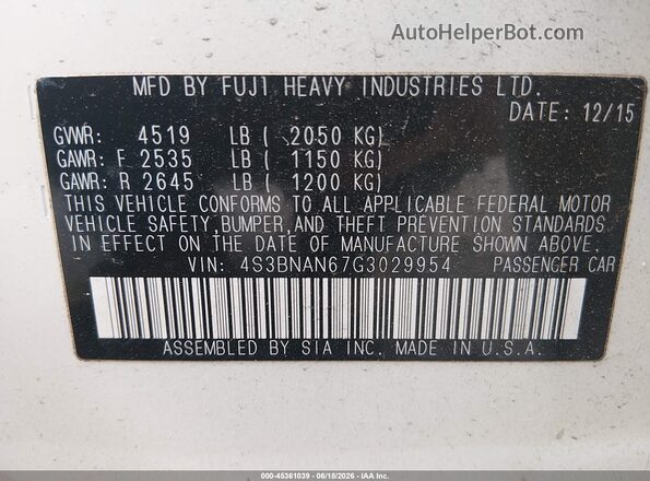 4S3BNAN67G3029954 2016 SUBARU LEGACY White Widok komory silnika