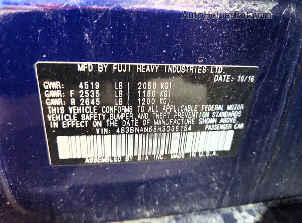 4S3BNAN68H3036154 2017 SUBARU LEGACY Синий Вид наклейки с VIN-кодом