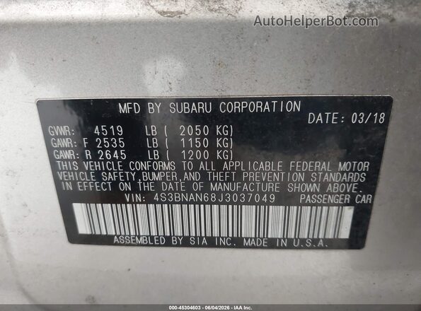 4S3BNAN68J3037049 2018 SUBARU LEGACY Beige Widok komory silnika